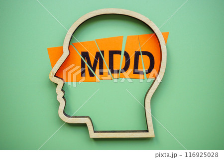 The outline of the head and a cut piece of paper. MDD Major Depressive Disorder. 116925028