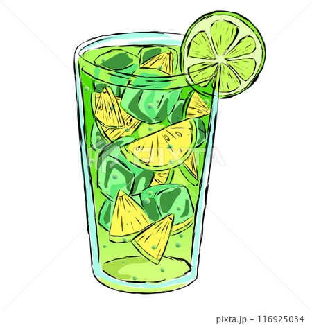 bright green glass with a refreshing drink with lime lemons and ice cubes. Vector illustration transparent tall glass with beautiful lemonade with bubbles drawn in sketch style with a black freehand 116925034
