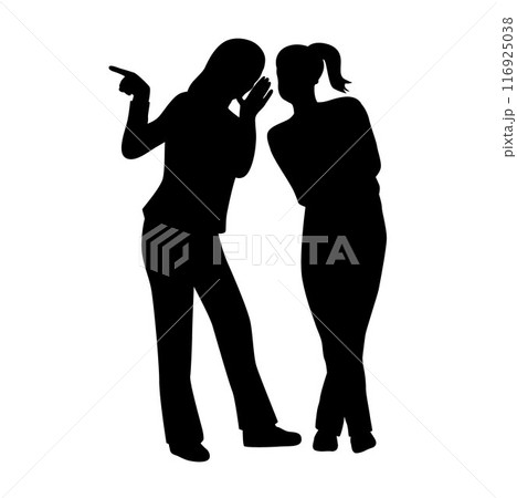 Woman whispering to her friend, gossiping about others, concept of spreading rumors silhouette 116925038