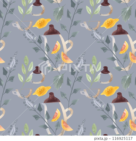Herb tea. Melissa, mint, glassware, leaves and lemon slices. Seamless watercolor pattern for fabric, wallpaper, wrapping paper, packaging cosmetics, tablecloths, curtains and home textiles. 116925117