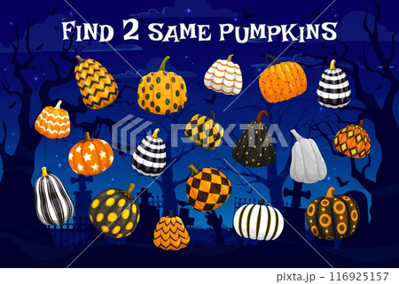Kids game, find two same Halloween patterned pumpkins on cemetery. Details search, same picture finding kids vector playing activity, child game worksheet with ornate pumpkins on cemetery background 116925157
