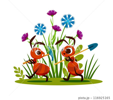 Cartoon ant builders with shovels. Vector children story scene with two playful ant characters with expressive faces, carrying spades for working together in a garden filled with flowers 116925165