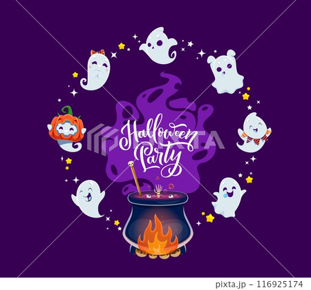 Halloween party banner, cute kawaii ghosts with witch potion cauldron. Vector holiday greeting card with cute cartoon spirits conjure magic by a bubbling pot. Apparitions swirl around the mystic brew 116925174