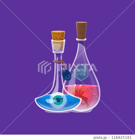 Cartoon Halloween potion bottles with eyeball and monster paw floating inside. Isolated Vector magic elixir in glass flasks with bubbling liquids. Witch poison, alchemy vial with corkwood bungs, 116925181