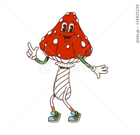 Retro groovy amanita mushroom Halloween character. Isolated cartoon vector hippie psychedelic fungus personage with vibrant spotted cap. Whimsical trippy fly agaric dance, exuding nostalgic funky vibe Retro groovy amanita mushroom Halloween character. Isolated cartoon vector hippie psychedelic fungus personage with vibrant spotted cap. Whimsical trippy fly agaric dance, exuding nostalgic funky vibe 116925239