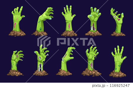 Cartoon zombie hand for Halloween, dead monster arms from grave, vector horror holiday icons. Zombie hands on evil cemetery, scary green bones and fingers of undead corpse on creepy graveyard 116925247