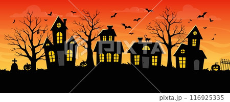 Halloween abandoned town, building silhouettes, danger pumpkins and flying bats at sunset sky vector background. Halloween trick or treat holiday spooky street with horror houses, creepy cemetery, cat 116925335