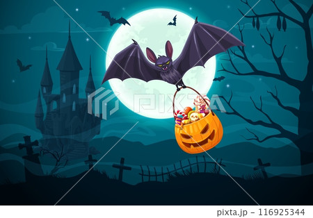 Flying bat with Halloween sweets bucket, vector Halloween holiday. Cartoon bat carrying pumpkin with trick or treat candies in dark night sky with full moon, creepy midnight cemetery and haunted house Flying bat with Halloween sweets bucket, vector Halloween holiday. Cartoon bat carrying pumpkin with trick or treat candies in dark night sky with full moon, creepy midnight cemetery and haunted house 116925344