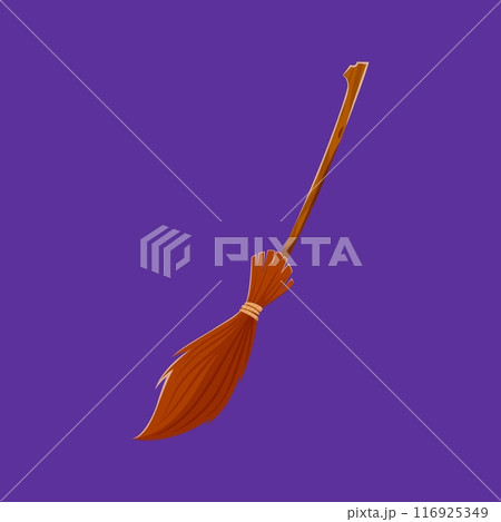 Cartoon Halloween magic witch broom. Isolated vector broomstick with supernatural powers, enables witches to soar through the sky and perform enchanting spells. Symbol of mystical flight and sorcery 116925349