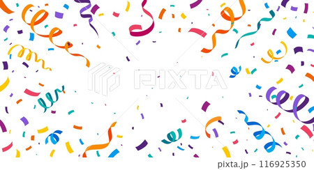 Carnival party confetti background. Festive vibrant vector backdrop filled with colorful streamers, showers joy in kaleidoscope of colors, creating spirited and lively atmosphere for celebration event Carnival party confetti background. Festive vibrant vector backdrop filled with colorful streamers, showers joy in kaleidoscope of colors, creating spirited and lively atmosphere for celebration event 116925350