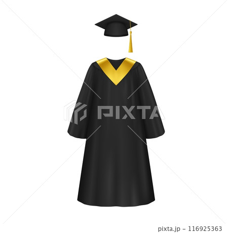 Graduation gown and cap. Isolated realistic 3d vector apparel for degree ceremony in the University. Black formal robe with golden decor and mortarboard with a tassel symbolizing academic achievement Graduation gown and cap. Isolated realistic 3d vector apparel for degree ceremony in the University. Black formal robe with golden decor and mortarboard with a tassel symbolizing academic achievement 116925363