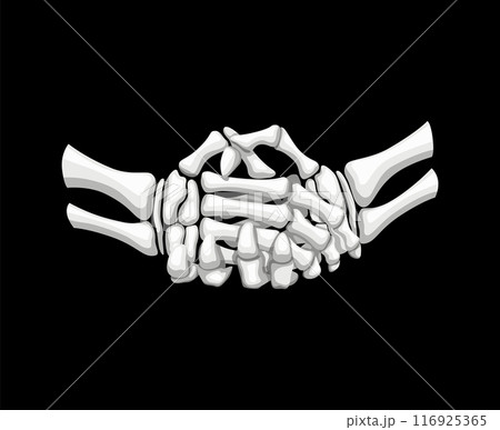 Skeleton handshake gesture. Isolated vector skeletal arms emerge from the darkness, offering a chilling shake. Bony fingers extend in ghostly greeting, evoking an eerie blend of horror and camaraderie 116925365