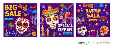 Day of the Dead Dia De Los Muertos mexican holiday big sale, special offer banners set. Vector sugar skull, Mexico Halloween candles, papel picado flags and sombrero, bright color flowers and peppers Day of the Dead Dia De Los Muertos mexican holiday big sale, special offer banners set. Vector sugar skull, Mexico Halloween candles, papel picado flags and sombrero, bright color flowers and peppers 116925368