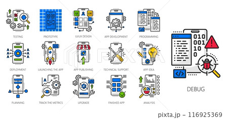 Web app develop and optimization icons. Mobile application coding, software programming, phone and computer ui design color line signs. App idea, analysis, prototype testing, launching and support 116925369