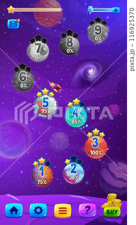 Galaxy space game map screen. Cartoon gui interface with menu, planets, stars, and a rocket ship in starry Universe. Video game or interactive application with levels marked with progress percentages Galaxy space game map screen. Cartoon gui interface with menu, planets, stars, and a rocket ship in starry Universe. Video game or interactive application with levels marked with progress percentages 116925370