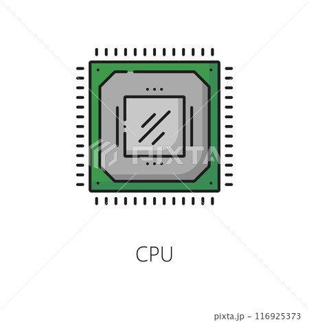 Computer motherboard processor software or video chip line icon. Server or personal computer system hardware driver, application or software product line vector pictogram or icon with processor Computer motherboard processor software or video chip line icon. Server or personal computer system hardware driver, application or software product line vector pictogram or icon with processor 116925373