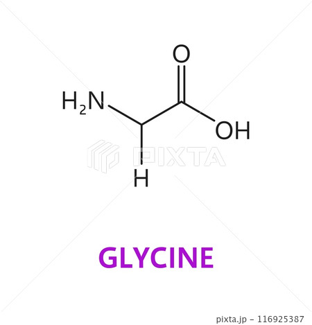 Glycine, amino acid chemical molecule and essential chain structure, vector molecular formula. Glycine formula with molecule atoms chain structure of amino acid and proteinogenic neurotransmitter 116925387
