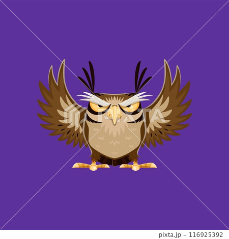 Cartoon Halloween owl character, isolated vector owlet, wise, enchanting creature with brown feathers, and large, piercing eyes, embodying the wisdom, magic and mystery of the spooky season Cartoon Halloween owl character, isolated vector owlet, wise, enchanting creature with brown feathers, and large, piercing eyes, embodying the wisdom, magic and mystery of the spooky season 116925392
