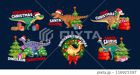 Christmas dinosaur greetings. Vector set of cartoon dino celebrating xmas holiday. Dinosaur animals wear santa hats and surrounded by decorated trees, presents and decorations with festive messages 116925397