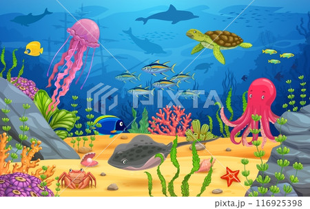 Underwater game landscape, cartoon sea animals. Turtle, jellyfish octopus and stingray, crab and fishes between algae seaweeds. Vector coral reefs and vibrant marine life level, interface background 116925398