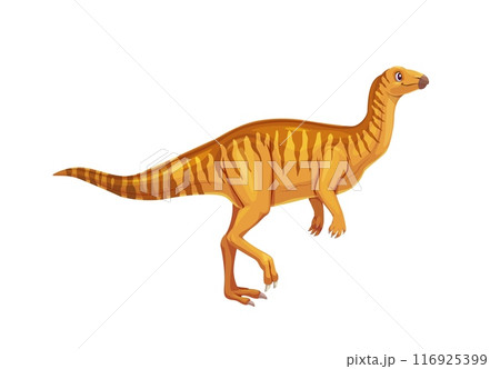 Dryosaurus prehistoric dinosaur. Isolated cartoon vector herbivore dino animal character with a long tail and neck, orange skin, and yellow stripes stands on two legs, showcasing its sharp claws 116925399