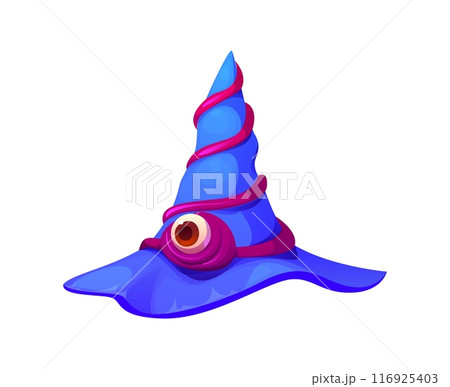 Cartoon Halloween witch hat with horror monster eyeball. Vector magic hat or cap of evil wizard, magician, witch or hag. Halloween holiday trick or treat night party spooky costume element Cartoon Halloween witch hat with horror monster eyeball. Vector magic hat or cap of evil wizard, magician, witch or hag. Halloween holiday trick or treat night party spooky costume element 116925403