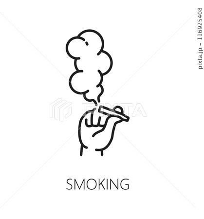 Cannabis smoking line icon of marijuana CBD or weed extract, vector symbol. Medical cannabis or marijuana drug smoke line icon of hand with cigarette for cannabis store and medicinal CBD 116925408