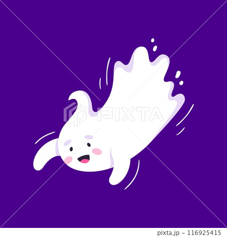 Funny cartoon Halloween kawaii ghost character. Adorable vector sweet funny spirit, baby spook with big cute smile and playful expression floating and adding charming touch to spooky holiday season 116925415