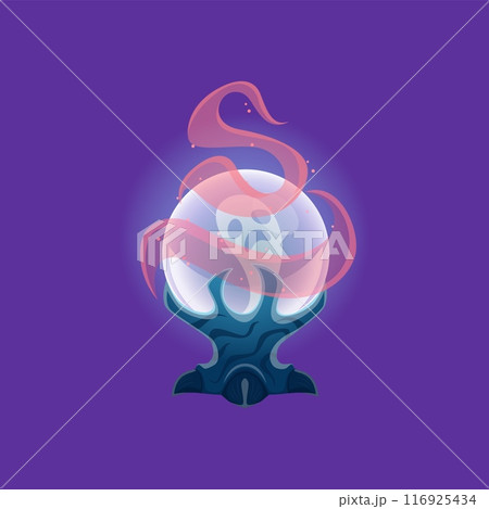 Cartoon Halloween magic ball. Isolated vector crystal globe of fortune teller, oracle and wizard. Paranormal glass sphere, glowing orb with magical lights, mystery glow, occult glass for prediction Cartoon Halloween magic ball. Isolated vector crystal globe of fortune teller, oracle and wizard. Paranormal glass sphere, glowing orb with magical lights, mystery glow, occult glass for prediction 116925434
