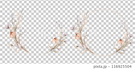 Wreath of light violet and peach flowers. Watercolor hand painting illustration on isolate. Circlet of flowers with echinacea and herbs. Botanical floral autumn composition pastel color. 116925504