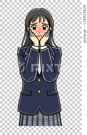 A high school girl in a blazer blushing with both hands on her cheeks (upper body) 116925620
