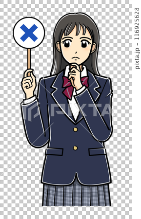 バツの札を持つブレザーの女子高生（上半身） 116925628