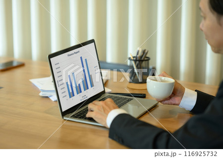 Senior businessman investor sitting at desk and reviewing a financial report on laptop screen Senior businessman investor sitting at desk and reviewing a financial report on laptop screen 116925732