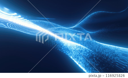 Blue glowing energy waves from small particles and lines abstract background 116925826
