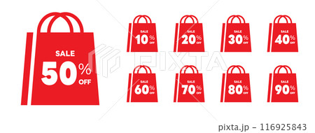 Sale tags set vector badges template, up to 10, 20, 30, 40, 50, 60, 70, 90, 80 percent off, vector illustration isolated on white background. Price off tag icon flat design collection set. Up to 116925843