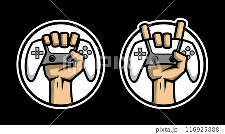 The hand holds the controller. Hardcore gamer logo two options. The hand holds the controller. Hardcore gamer logo two options. 116925888