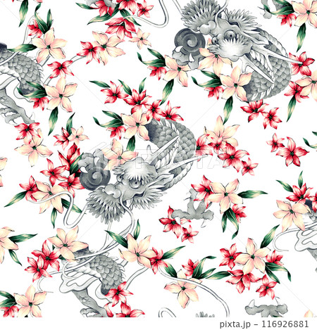 手描きで描いた和調の龍とトロピカルフラワーの柄, 116926881