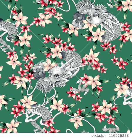 手描きで描いた和調の龍とトロピカルフラワーの柄, 116926888