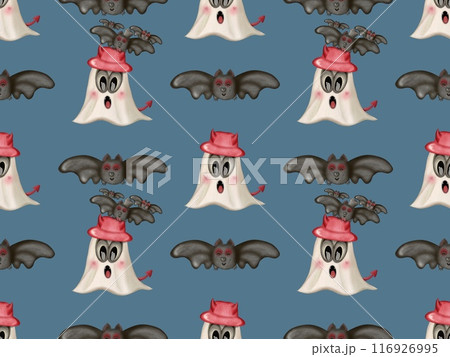 Halloween seamless pattern. illustration of Halloween party.Ghost cute,bat,pumpkin,witch,spider,hand drawn on background colorful. 116926995