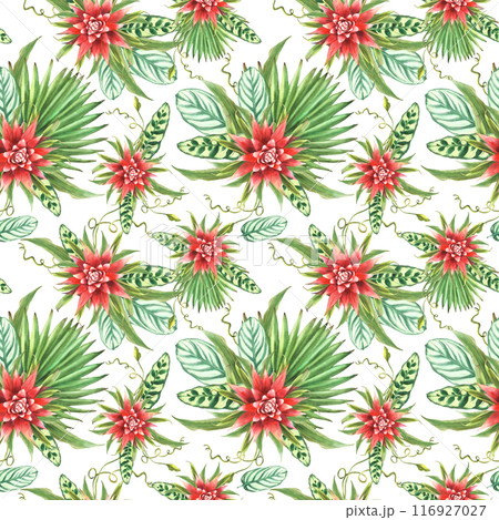 Tropical leaves with red flowers, palm leaf, creeper foliage seamless pattern. Watercolor exotic plant. Bromeliad bud floral fabric. Watercolor hand drawn illustration on Isolated white background.  116927027