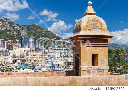 Old coastal fortification of Monte Carlo, Monaco. Stone watchtower Old coastal fortification of Monte Carlo, Monaco. Stone watchtower 116927233