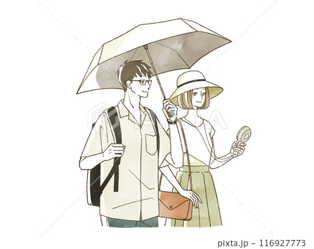 日傘をさしている男女 116927773
