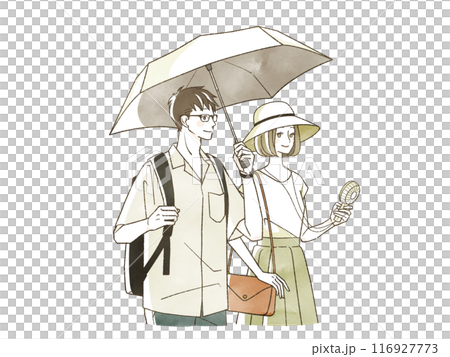 日傘をさしている男女 116927773