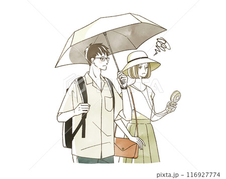 困った表情で日傘をさしている男女 116927774