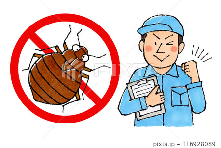 トコジラミ駆除業者の男性作業員(トコジラミ禁止マーク) トコジラミ駆除業者の男性作業員(トコジラミ禁止マーク) 116928089