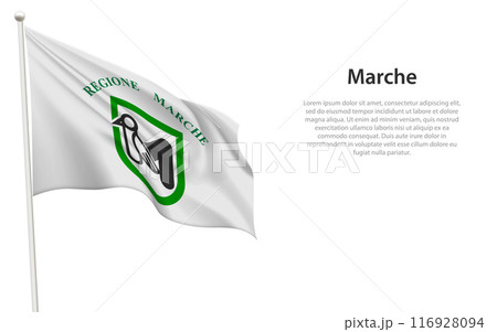 Isolated waving flag of Marche is a region Italy 116928094