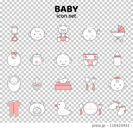 Baby icon set with lines, simple, cute, illustration, childbirth, childcare, infant, pink 116928481