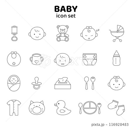 赤ちゃん　ベイビー　アイコン　セット　線あり　シンプル　かわいい　イラスト　出産　育児　乳児　白黒 116928483