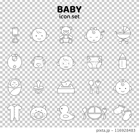 Baby icon set with lines, simple, cute, illustration, childbirth, childcare, infant, black and white 116928483