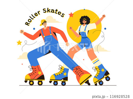 People Riding Roller Skates in a City Park for Outdoor Activities, Sports Recreation or Weekend Leisure on Flat Cartoon Background Vector Illustration 116928528